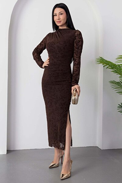 PULLIMM Mock Neck Draped Flock Print Dress Dks1392