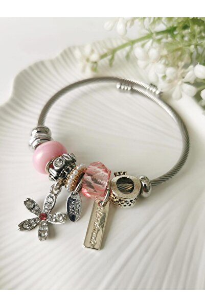 Halley Concept Steel pink beaded floral model charm bracelet