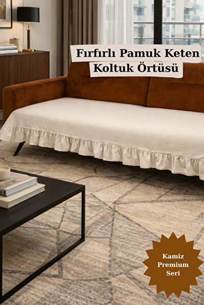 KAMİZ Fırfırlı Koltuk Örtüsü Bohem Pamuk Keten | Kaymaz, Yıkanabilir, Modern Şık Tasarım