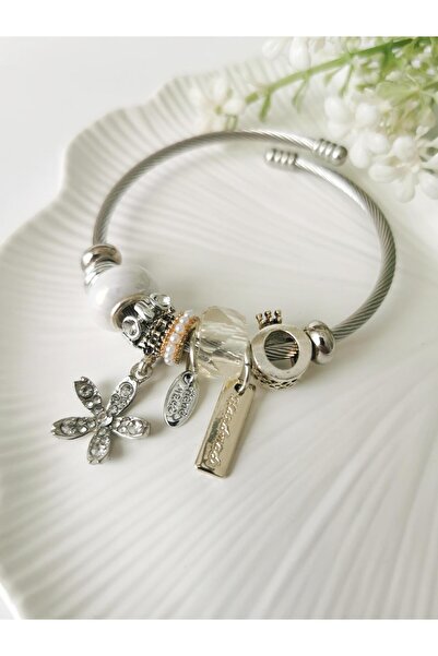 Halley Concept سوار سحر نموذج الزهرة المطرزة باللون الأبيض الفولاذي