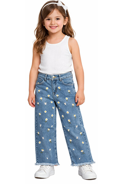 İrem Çocuk Giyim Girl's Daisy Embroidered Wide-Leg Model Blue Color Trousers ...