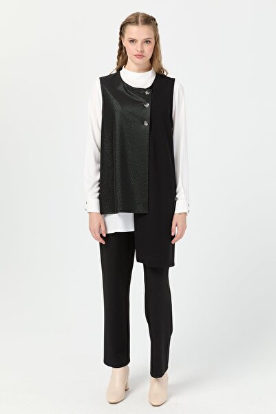 Esswaap Desenli Deri Garnili İkili Takım Siyah