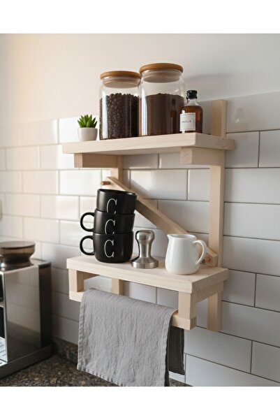 Ev dekka NaturaDesign 40x30 cm Vidasız Yapışkanlı Doğal Ahşap Mutfak Rafı -Ra...