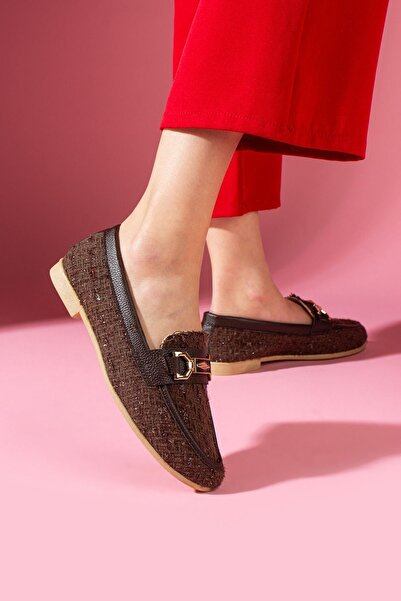 FUGA MODA Cassia Brown Glitter Fabric Loafer Ballerinas with Gold Chain Accessories