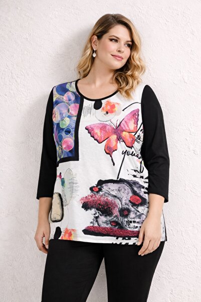 Şans Women's Plus Size Black, Digital Print, Stone Detailed, Crew Neck Blouse...
