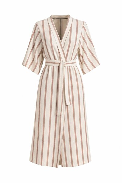 Eight Fashion Women's Ecru Striped Belted Cotton Long Kimono & Kaftan Dressin...