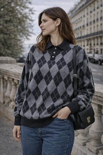 Get Crazy Women's Polo Neck Argyle Sweater