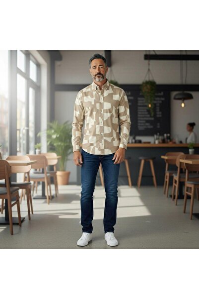 GÖMLEK GALERİSİ Men's Long Sleeve Shirt with Slim Fit Digital Printing Pattern