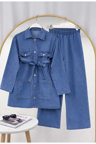 MODA VEDAT Women's Belted Denim Suit with Pocket Detail -0650