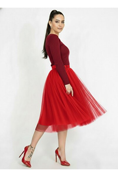 SUNEH Kırmızı 3 Kat 65 cm Boy Kabarık Tütü Kadın Etek Tül Etek Baby Showerr /...