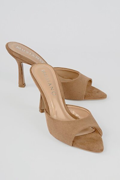 Mubiano Women's Suede Stiletto Pointed Toe Open Heeled Slippers Cedra Mink