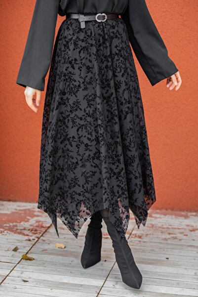 Tesettür Çarşım Baskılı Tül Parçalı Asimetrik Kesim Etek-Siyah