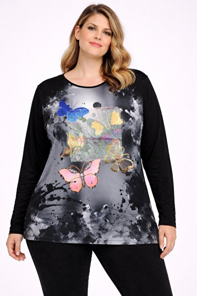 Şans Жіночий великий розмір, чорний, цифровий принт, деталі з паєтками, блуза...