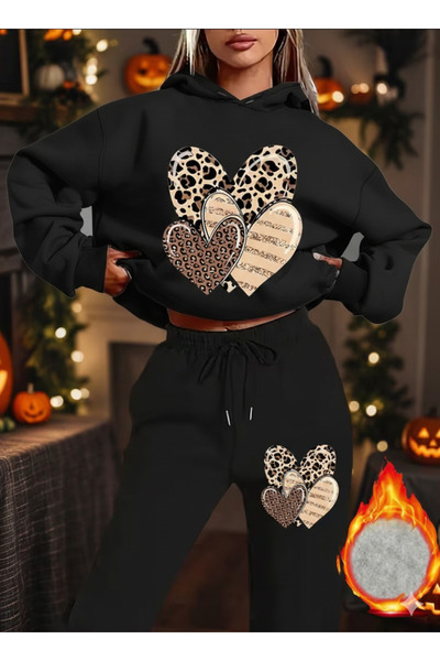 WOODROFFE Women's 3-Piece Leo Heart Printed Hooded Bottom Top Oversized Black...