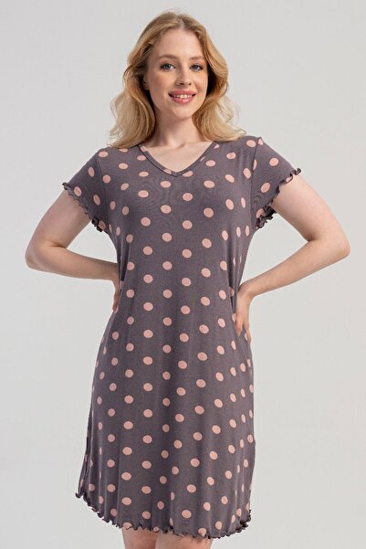 VİENETTA Women's Viscose V-Neck Short Sleeve Polka Dot Nightgown Tunic C2T2N0605
