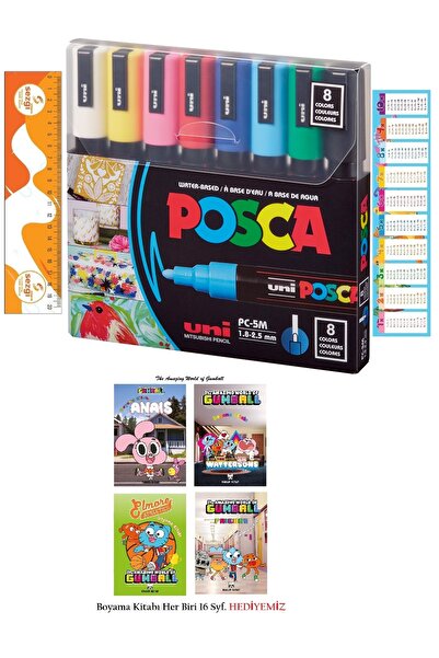 POSCA Uni Poster Marker 1.8-2.5 Pc-5M/8C Main Color 8-Piece and 4 Licensed Gu...