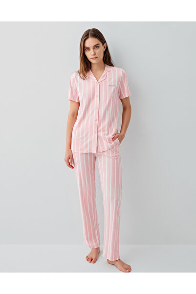 Pierre Cardin Women's Short Sleeve Full Buttoned Long Leg Striped Pajama Set ...