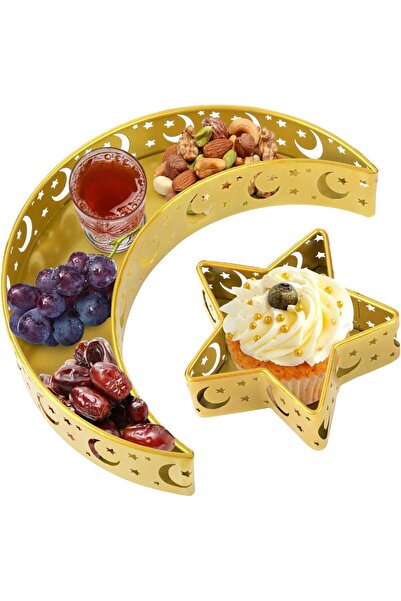 ANPHSIN Moon and Star Trays - Set of Two Metal Serving Plates for Ramadan and...