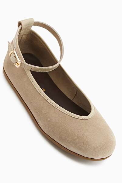 Limoya Jenin Genuine Leather Beige Suede Belted Women's Ballerinas