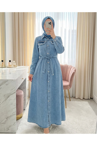 Modamorfo Half buttoned elastic waist pocketed embroidered denim dress - ice ...