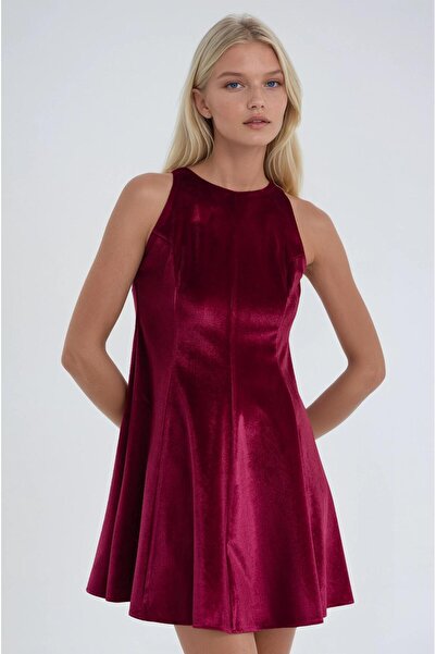 Lijuri Sıfır Kol Kadife Kloş Elbise 2001