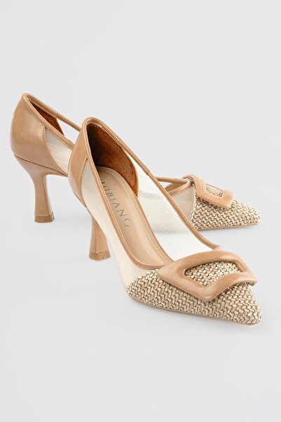 Mubiano Women's Stiletto Buckle Mesh Detailed Pointed Toe Heeled Shoes Salva ...