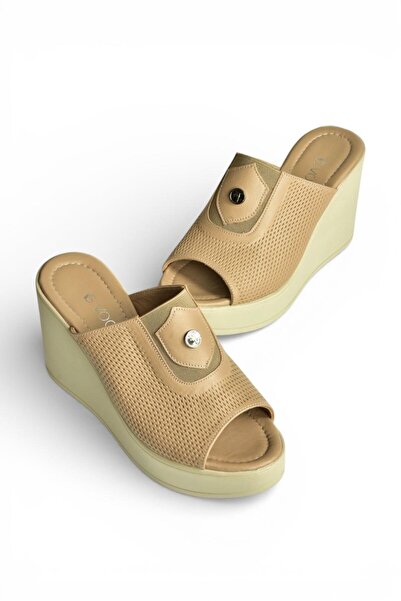 Fox Shoes Y555250703 Beige Genuine Leather Wedge Heeled Women's Slippers