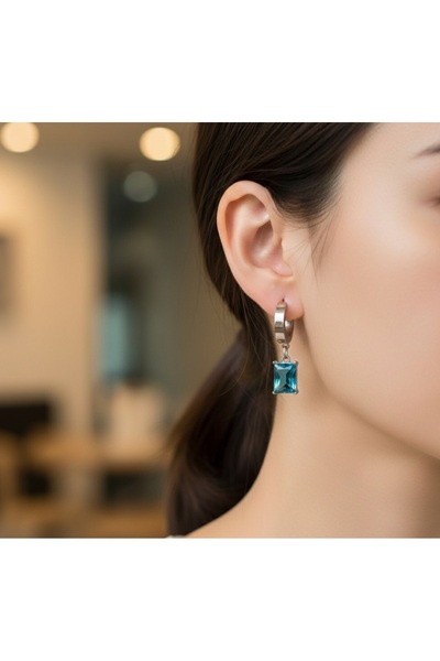 stainless steell kare mavi zirkon sallantılı çelik küpe