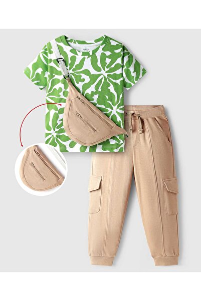 Ollington St. Cotton Half Sleeves Printed T-Shirt & Knit Jogger Set With Pouc...