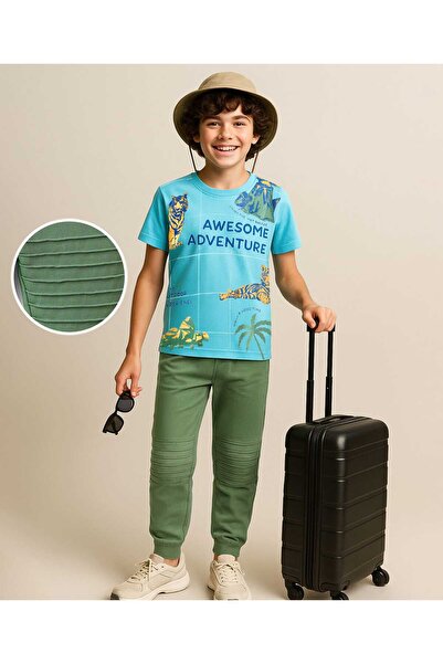 Ollington St. طقم تيشيرت قطني بأكمام نصفية مطبوع سفاري وبنطال رياضي محبوك - أ...