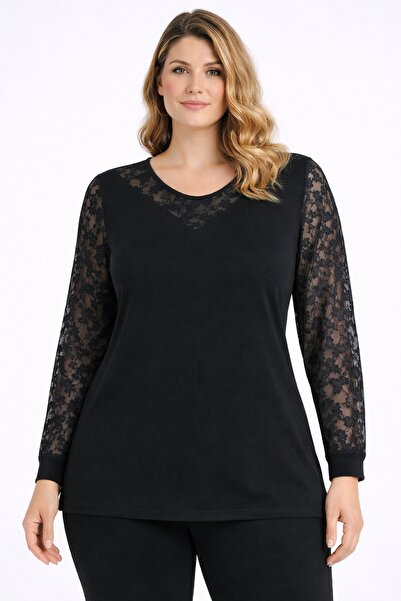 Şans Жіноча блузка великого розміру, чорна, з мереживними деталями 65N39364