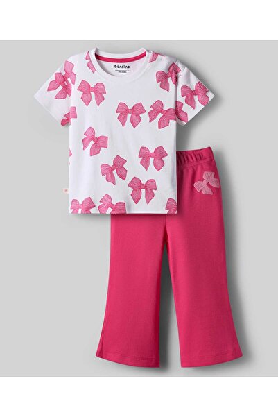 Bonfino 100% Cotton Bow Printed T-Shirt & Wide Leg Leggings Set - White/Pink