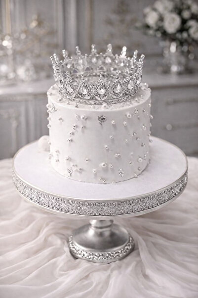 Baloncu Dede Gümüş Kraliçe Tacı Pasta Süsü Taşlı Zarif Pasta Üstü Doğum Günü ...