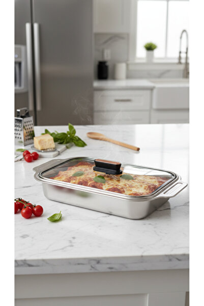 Generic Large rectangular oven tray with glass lid, premium steel