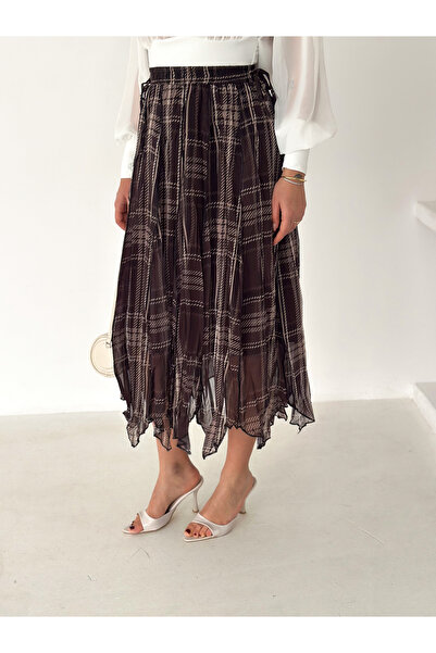 TLG GİYİM Vintage Patterned Lined Pleated Stylish Chiffon Skirt