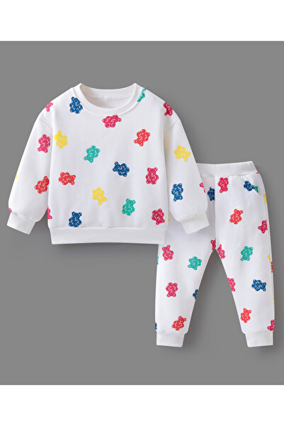 SAPS طقم سويت شيرت بأكمام طويلة وبنطال رياضي مطبوع رسومات دببة - أبيض