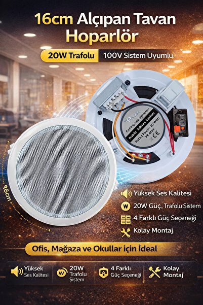 Poke 16 cm Alçıpan Tavan Hoparlör 20W Trafolu 100V Sistem Uyumlu