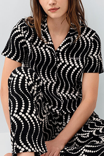 Pierre Cardin Women's Black Patterned Shirt Collar Buttoned Short Sleeve Long...