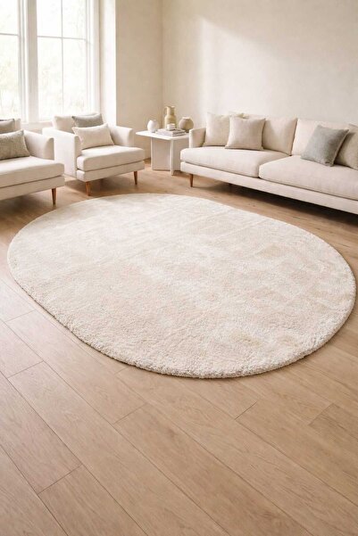 Evrimax Pelus Halı Yeni Model Elips Bej Premium Seri Yeni Nesil Kaymaz Taban