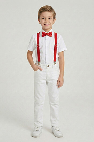 FATELLA Boy's White Short Sleeve Shirt White Pants Red Suspender Bow Tie Set ...