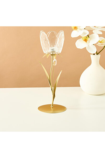Lifestyle Floral Shaped Glass and Metal Candleholder - 29 cms