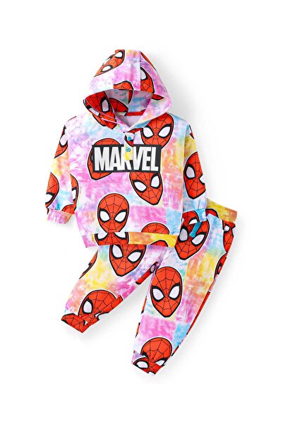 Babyhug Marvel طقم سويت شيرت بغطاء رأس رأس وبنطال رياضي من قماش تيري برسومات ...