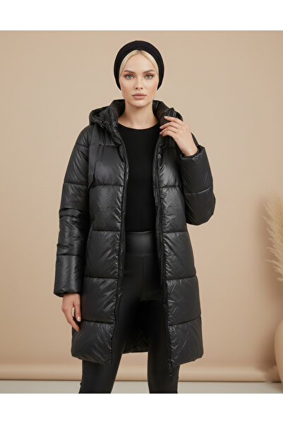 Kirazgym Women's Hooded Lace-Up Puffer Coat - Black
