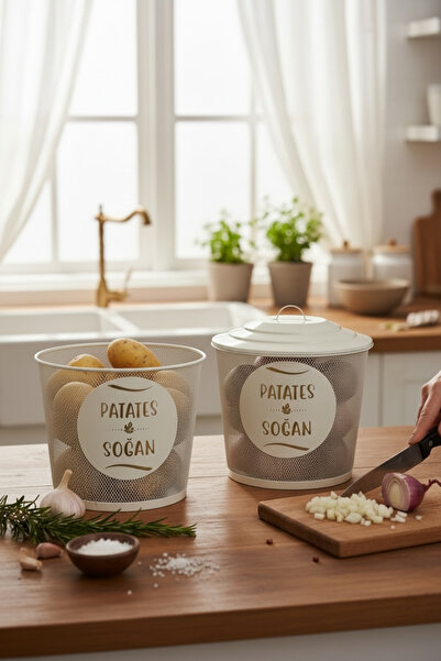 EVSTYLE METAL FİLE İKİLİ SOĞAN& PATATS SAKLAMA KOVASI - KREM