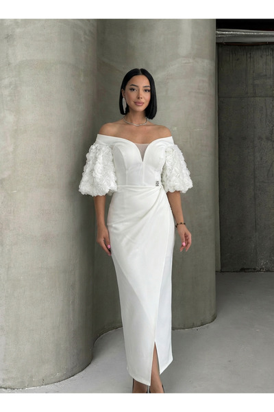 ALFUDO Moda Collection Off Shoulder Rose Embossed Sleeves Graduation Evening ...