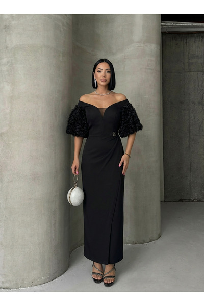 ALFUDO Moda Collection فستان سهرة منخفض الكتفين مزين بالورود وأكمام منقوشة