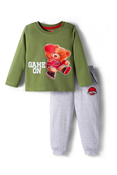 Babyhug Terry Knit Full Sleeves Top and Jogger Set with Teddy Print - Olive G...