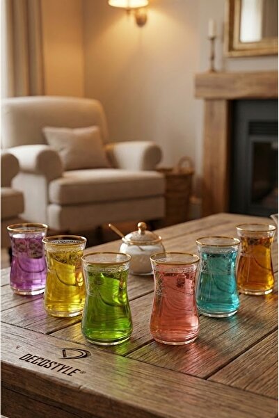 DECOSTYLE 6 Rrenk Paşabahçe Heybeli 12 Parça Çay Seti | Şık Desenli Bardak & ...