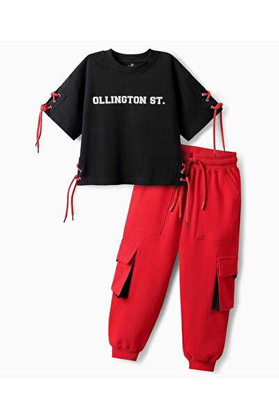 Ollington St. Cotton Knit Half Sleeves Top with Brand Name Print & Joggers Se...