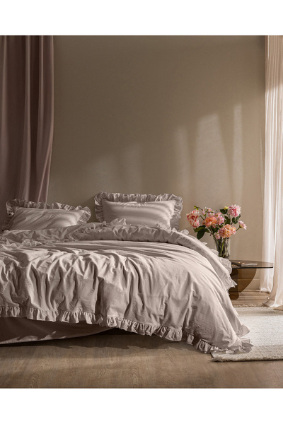 Madame Coco Obernai Single 100% Cotton Frilly Plain Washed Duvet Cover Set - ...